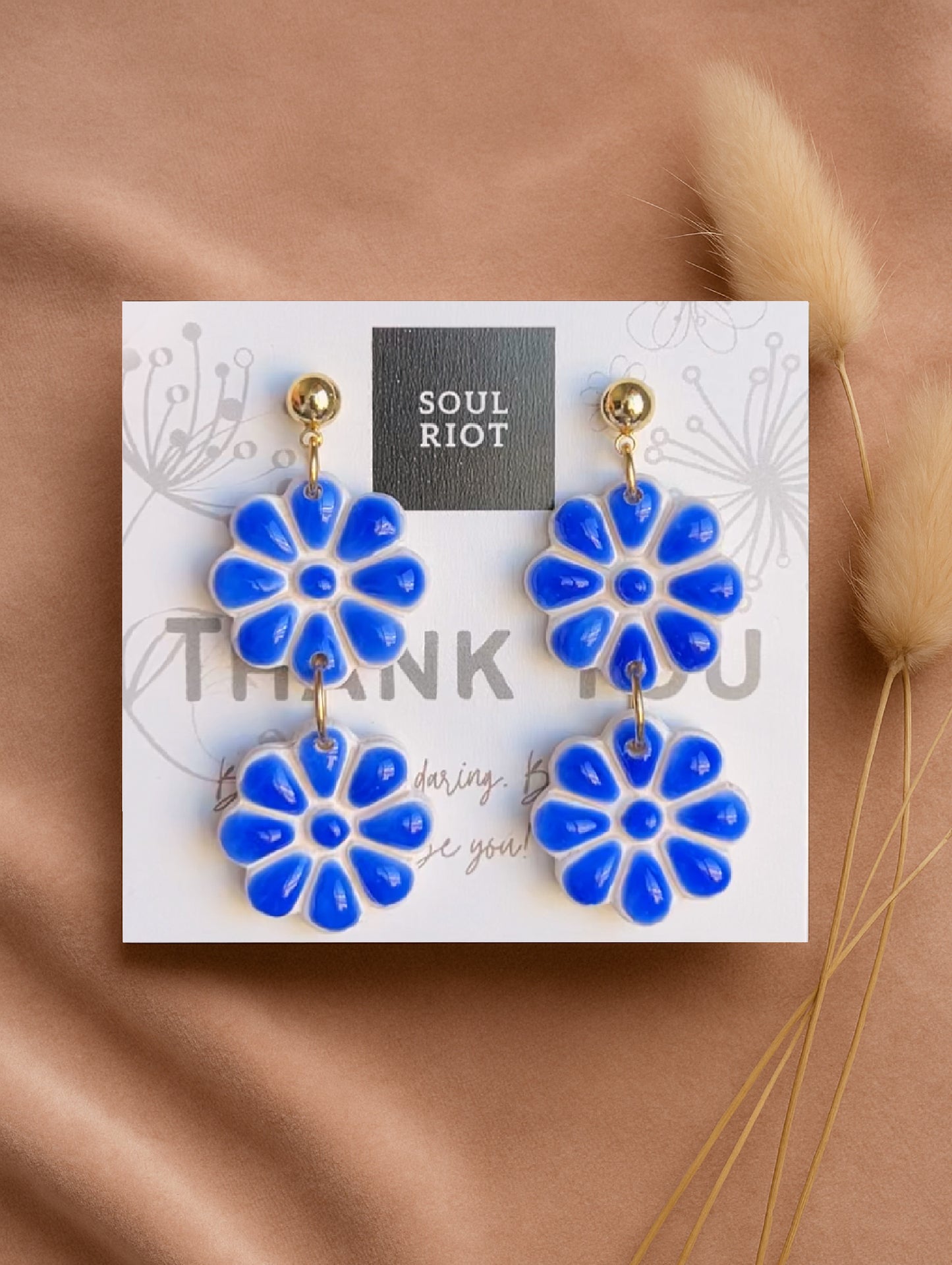 Cobalt Blue Daisy Drop Earrings