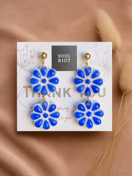 Cobalt Blue Daisy Drop Earrings