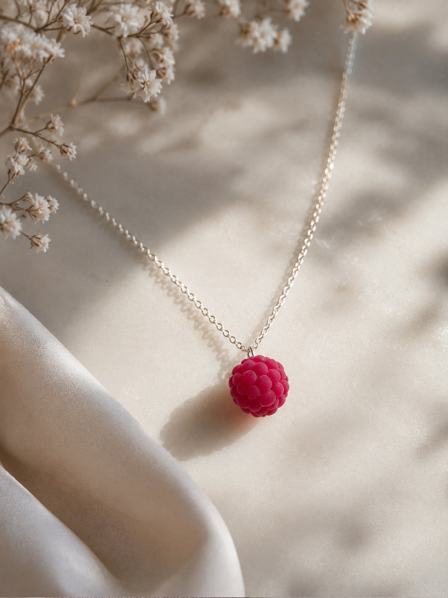 Velvet Raspberry Pendant Necklace – Handmade Polymer Clay Fruit Necklace | Stainless Steel Chain (pre-order)