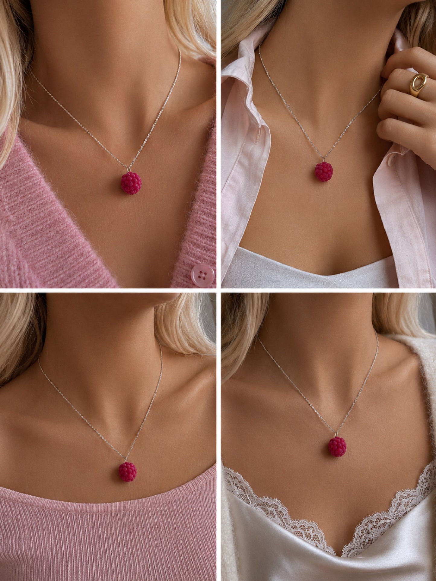 Velvet Raspberry Pendant Necklace – Handmade Polymer Clay Fruit Necklace | Stainless Steel Chain (pre-order)