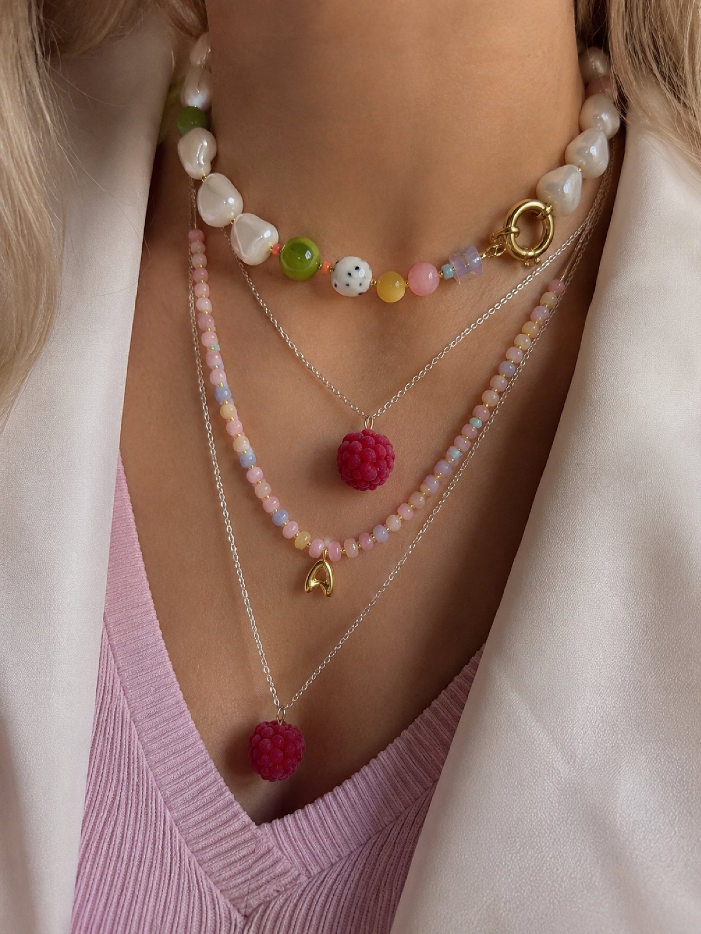 Velvet Raspberry Pendant Necklace – Handmade Polymer Clay Fruit Necklace | Stainless Steel Chain (pre-order)