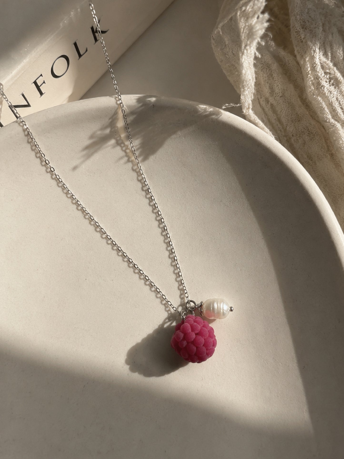 Velvet Raspberry Pendant Necklace – Handmade Polymer Clay Fruit Necklace | Stainless Steel Chain