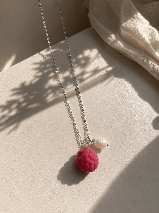 Velvet Raspberry Pendant Necklace – Handmade Polymer Clay Fruit Necklace | Stainless Steel Chain