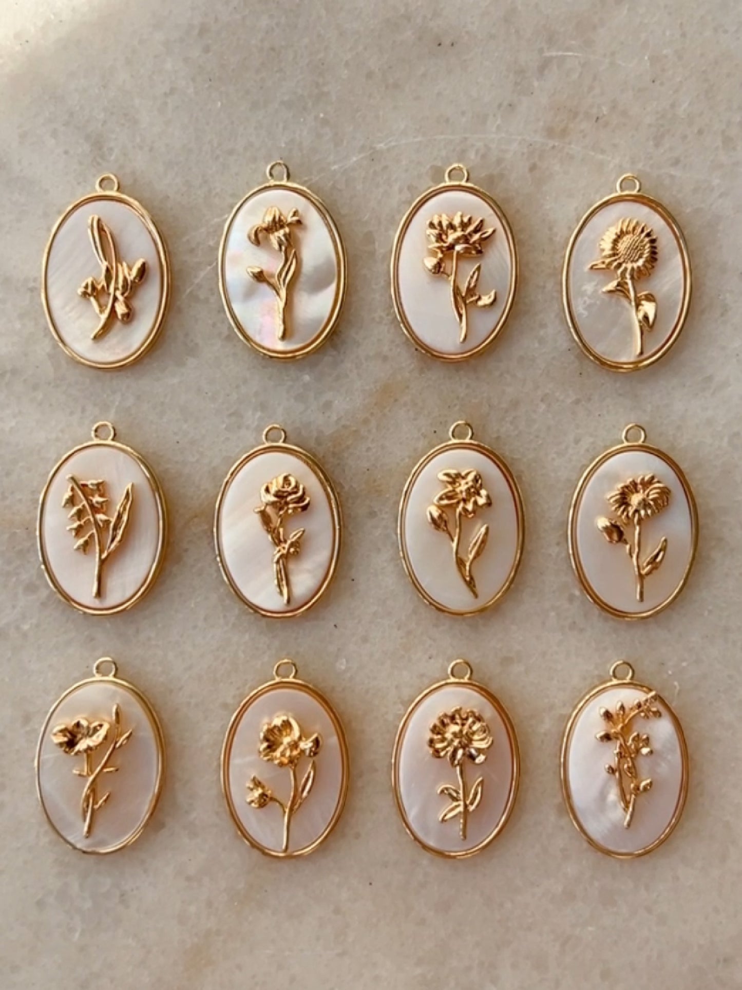 18K Gold Plated Birth Floral Charms  (12 pcs)