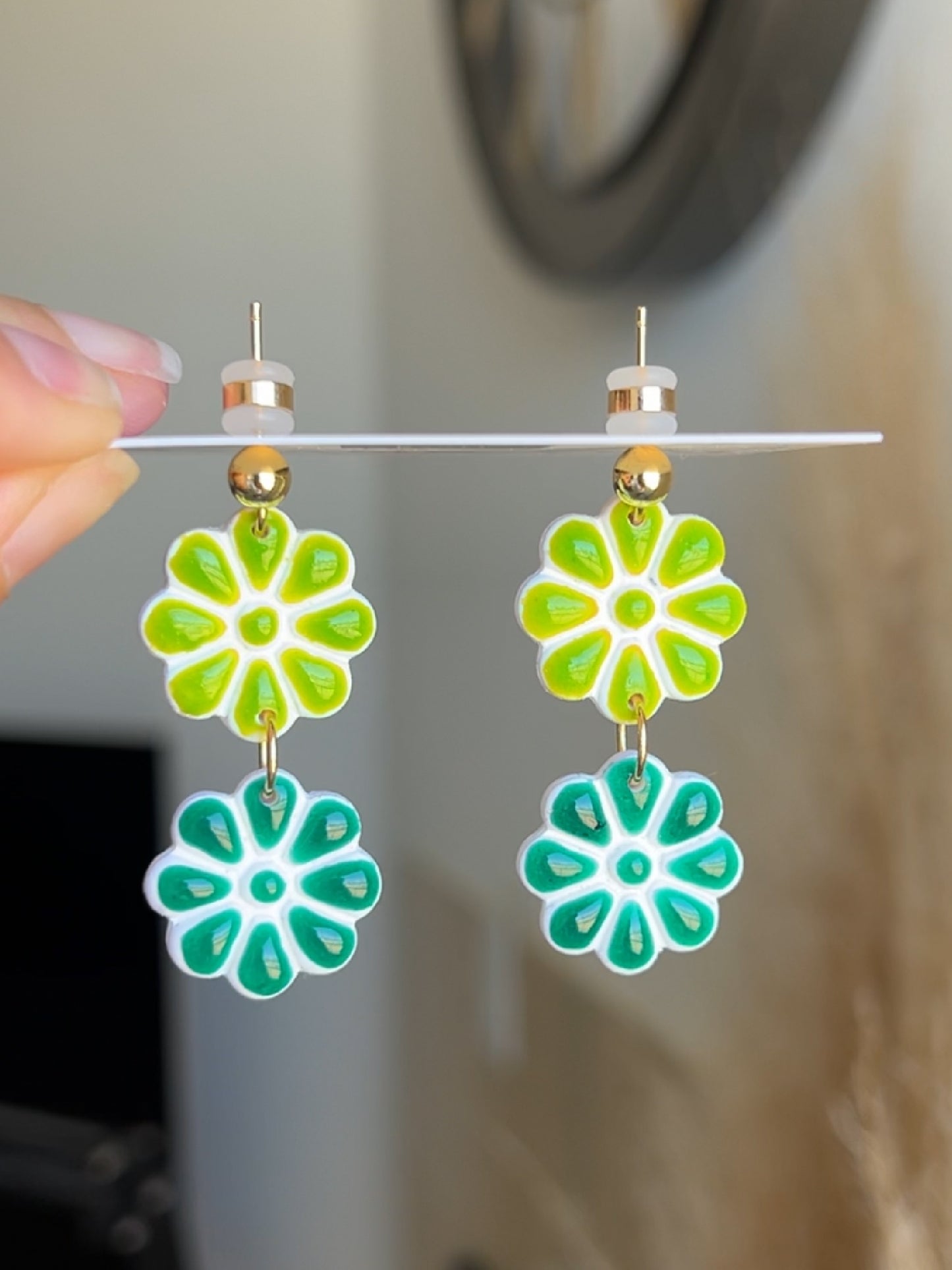 Green Daisy Drop Earrings