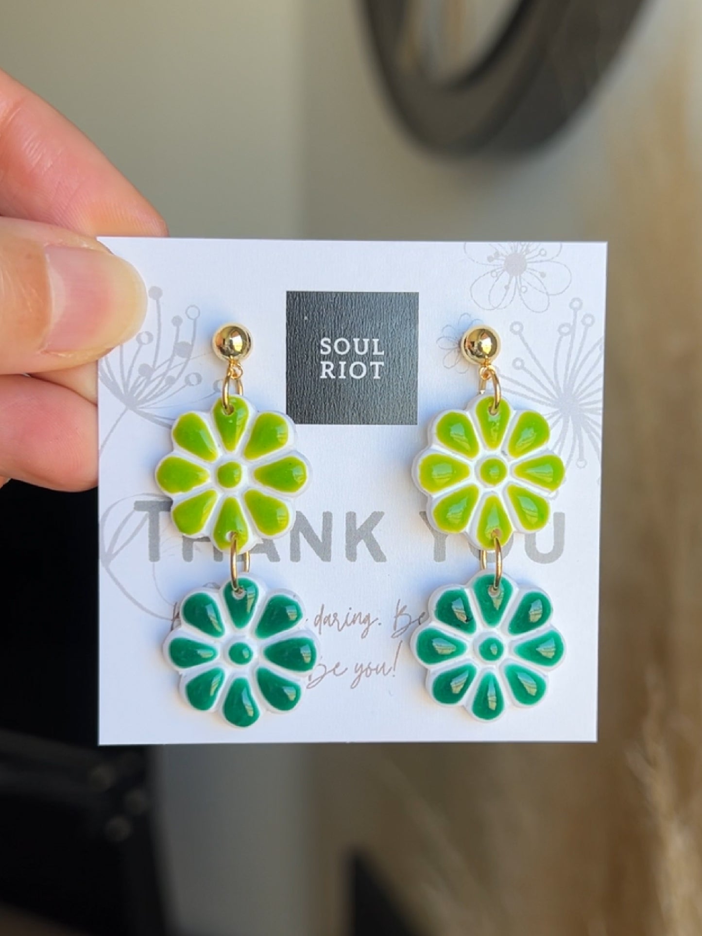 Green Daisy Drop Earrings