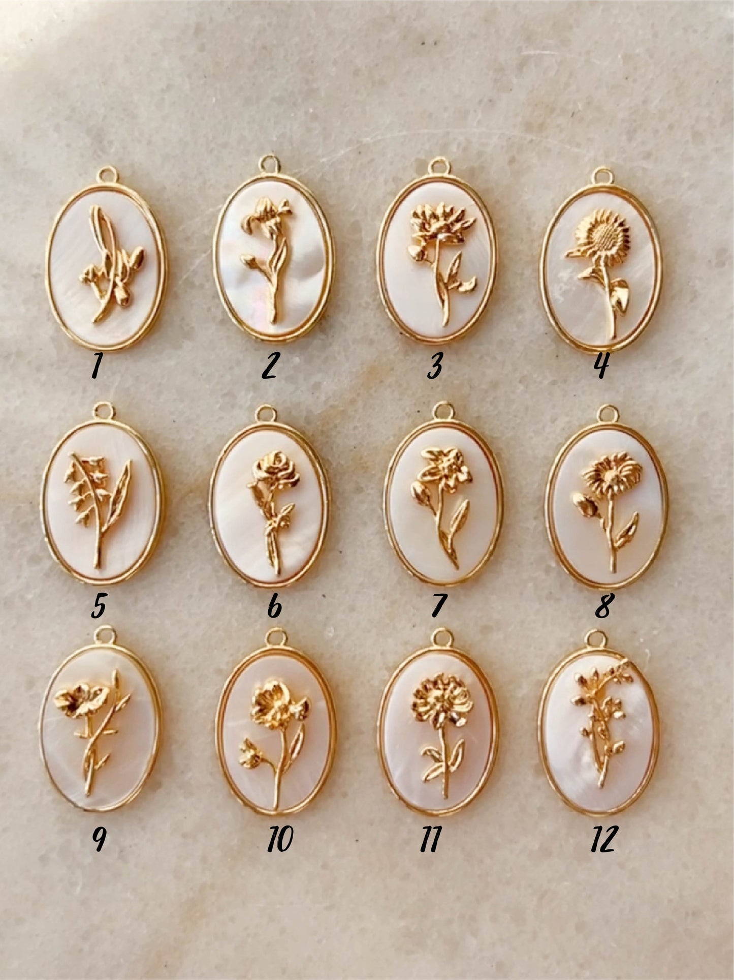 18K Gold Plated Birth Floral Charms  (12 pcs)